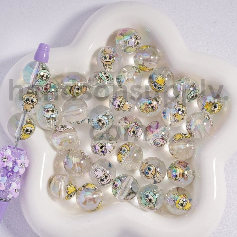 UV Coated Labubu Face Clear, White, Jelly & Solid Color Acrylic Beads 16mm Random Mix