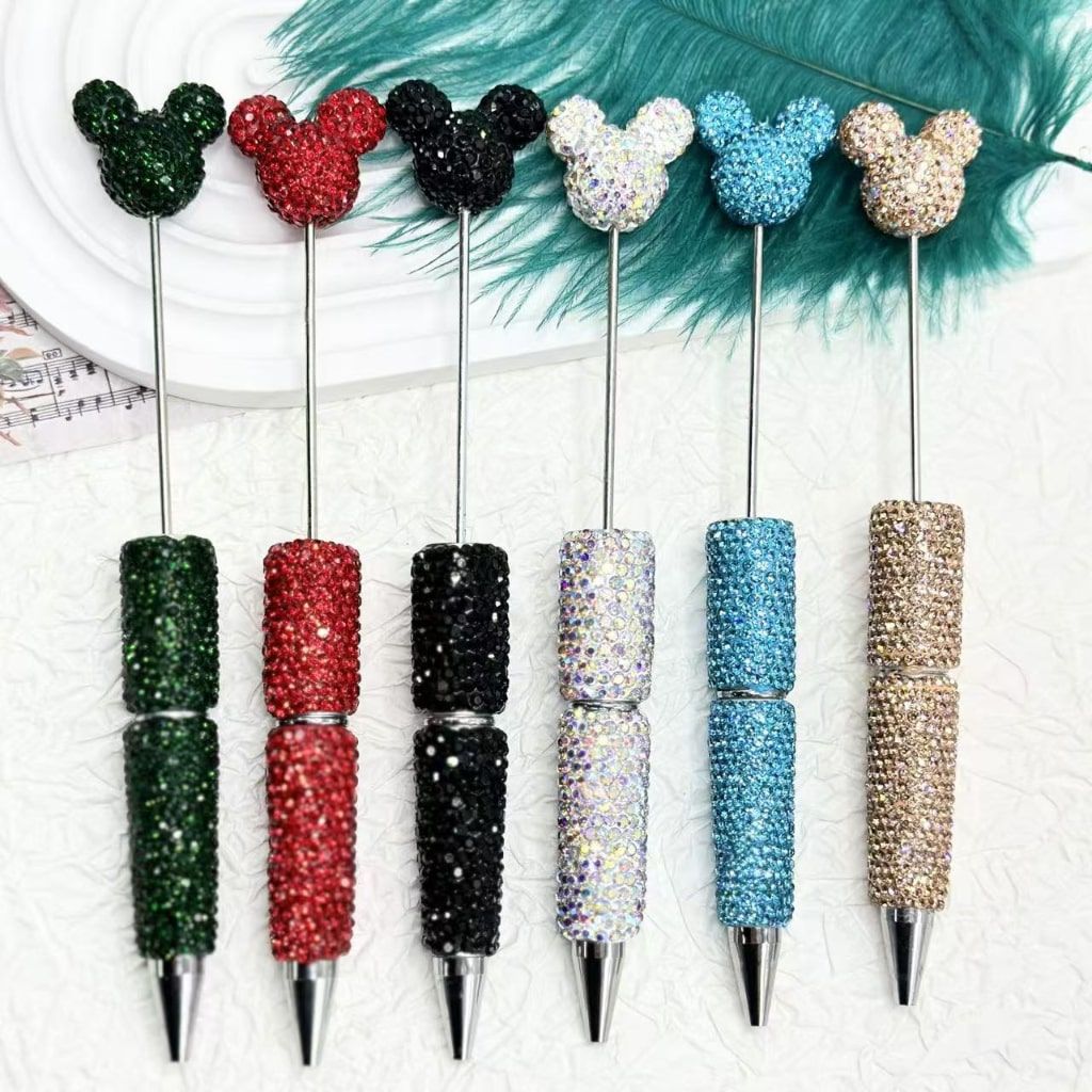 Mouse Head Pen Topper Head Beadable Pens with Clay Rhinestones Covered the Entire Pen