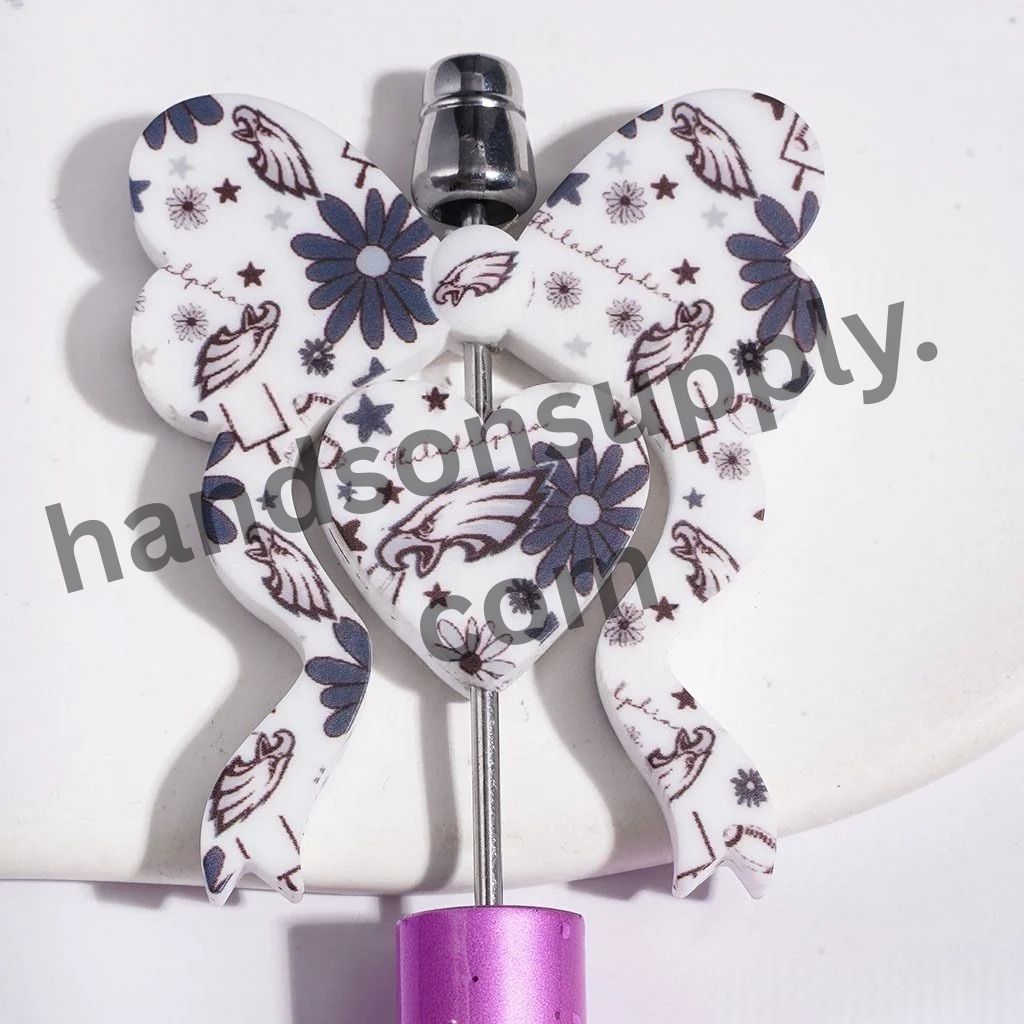 Philly American Football Collection with Flower Star Design Bowtie & Heart-Shaped Silicone Focal Beads, 45*52MM