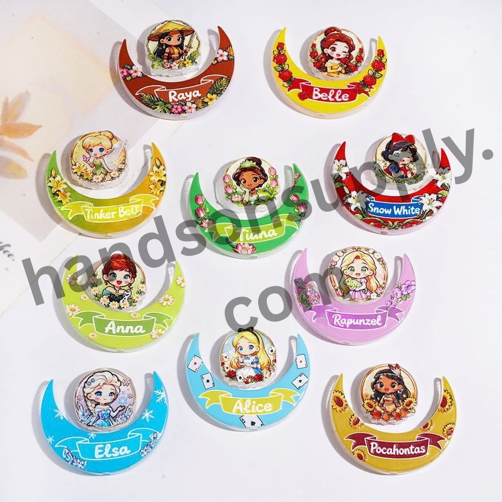 Fairytale Princess Characters Printed Crescent Moon & Round Acrylic Bead Collection Set, Random Mix (1 Set=2 Pieces)