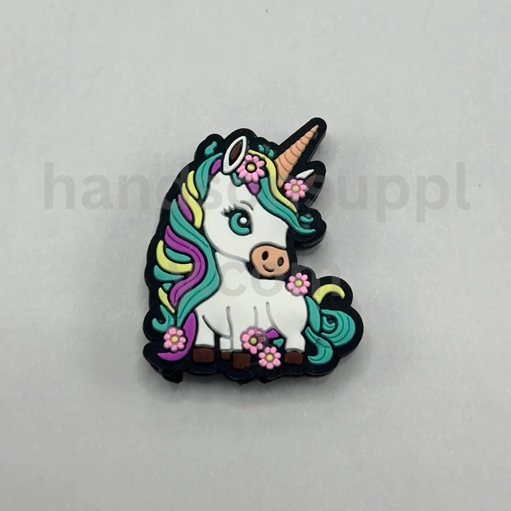 Unicorn with Colorful Mane and Pink Floral Accents Silicone Focal Beads