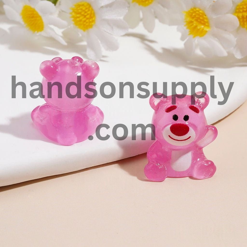 Adorable Tiny Smiling Pink Bear Character with Glossy Finish Acrylic Beads, Height 19MM, Random Mix