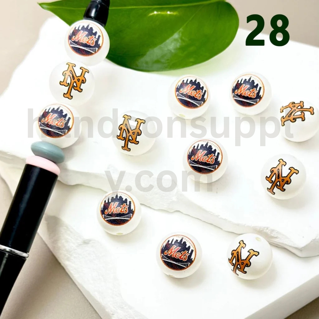 New York Mets Baseball Theme 16MM Frosted White Round Acrylic Beads Random Mix