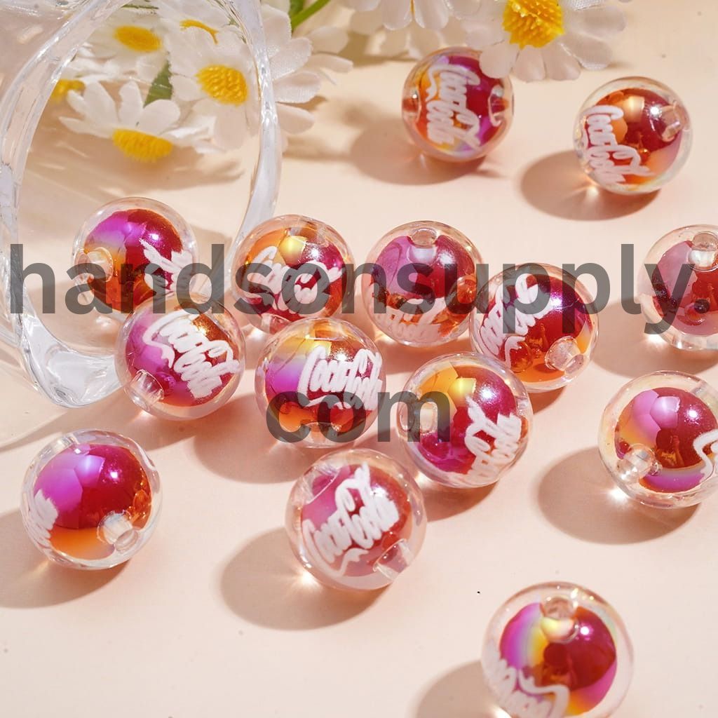 UV Coating & Embedded Red Bubble Inside, Semi-Clear Soda Drink Round Acrylic Beads for Bracelet 16MM