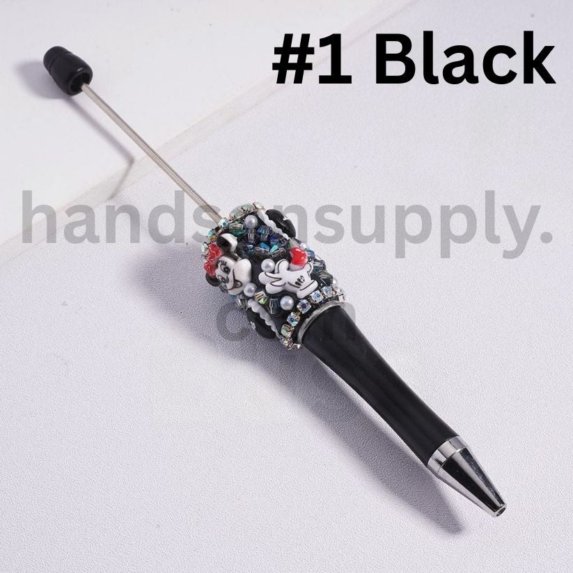 Cute Mickey Minnie Mouse Head Beadable Pen with White Pearls & AB Rhinestones Black & White