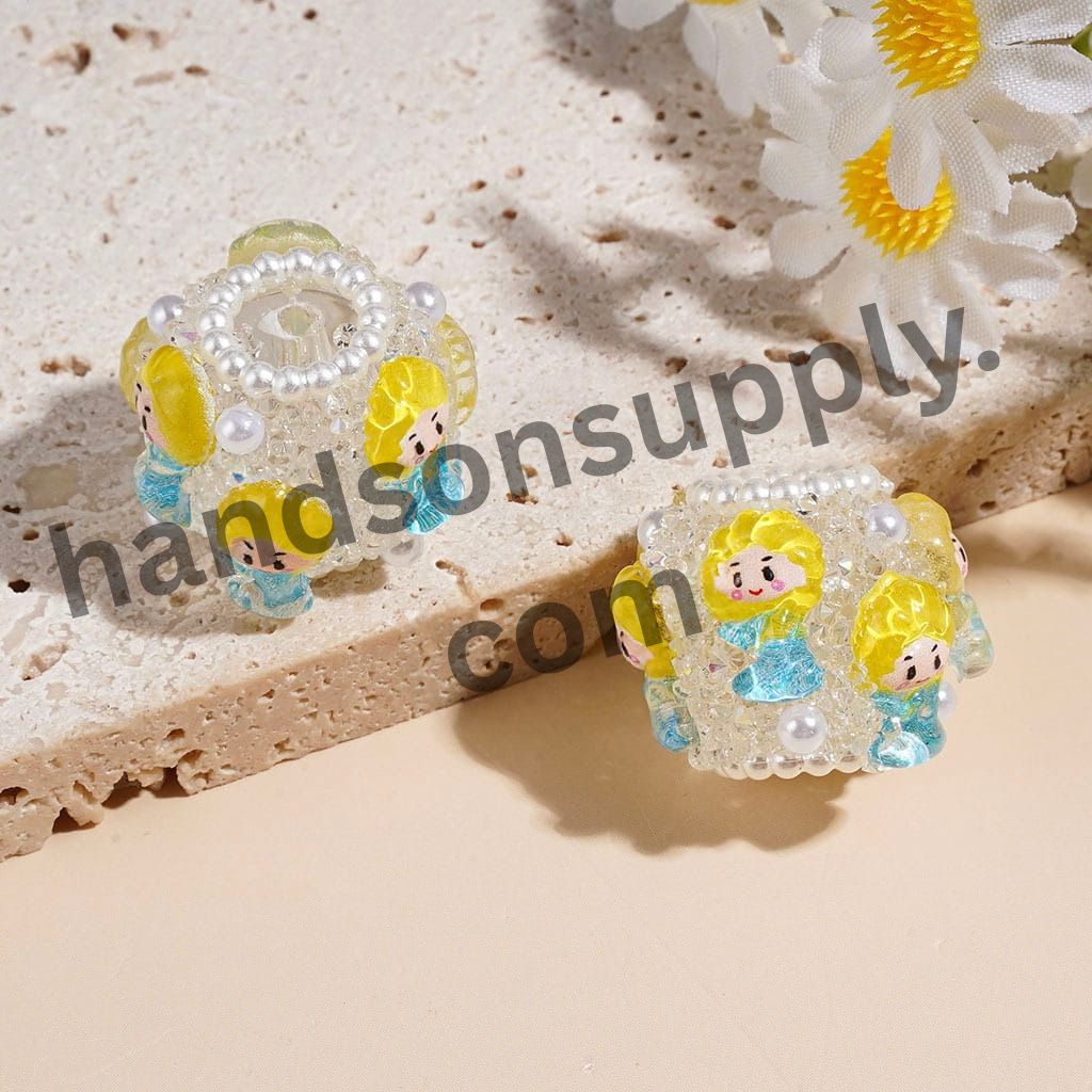 Princess Character Handmade Acrylic Sugar Beads with Pearl Chain & Glitter Texture, 20MM, Multi-Color Random Mix