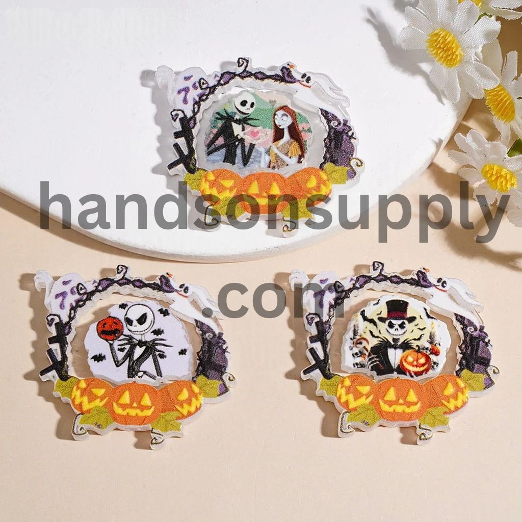 Red Hair Girl and Boy Skeleton Skull Couple Character Horror Pumpkin Ghost Frame Halloween Theme Acrylic Beads , 39*34MM Random Mix (Please Read Description)