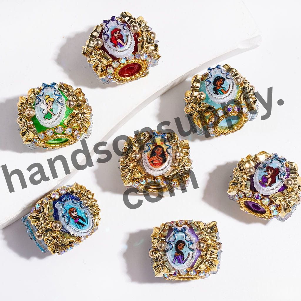 Elegant Classic Princess Character with Oval Mirror, Gold Butterfly, AB Rhinestones, and Gold Ball Chains Handmade Acrylic Beads, 20MM, Random Mix