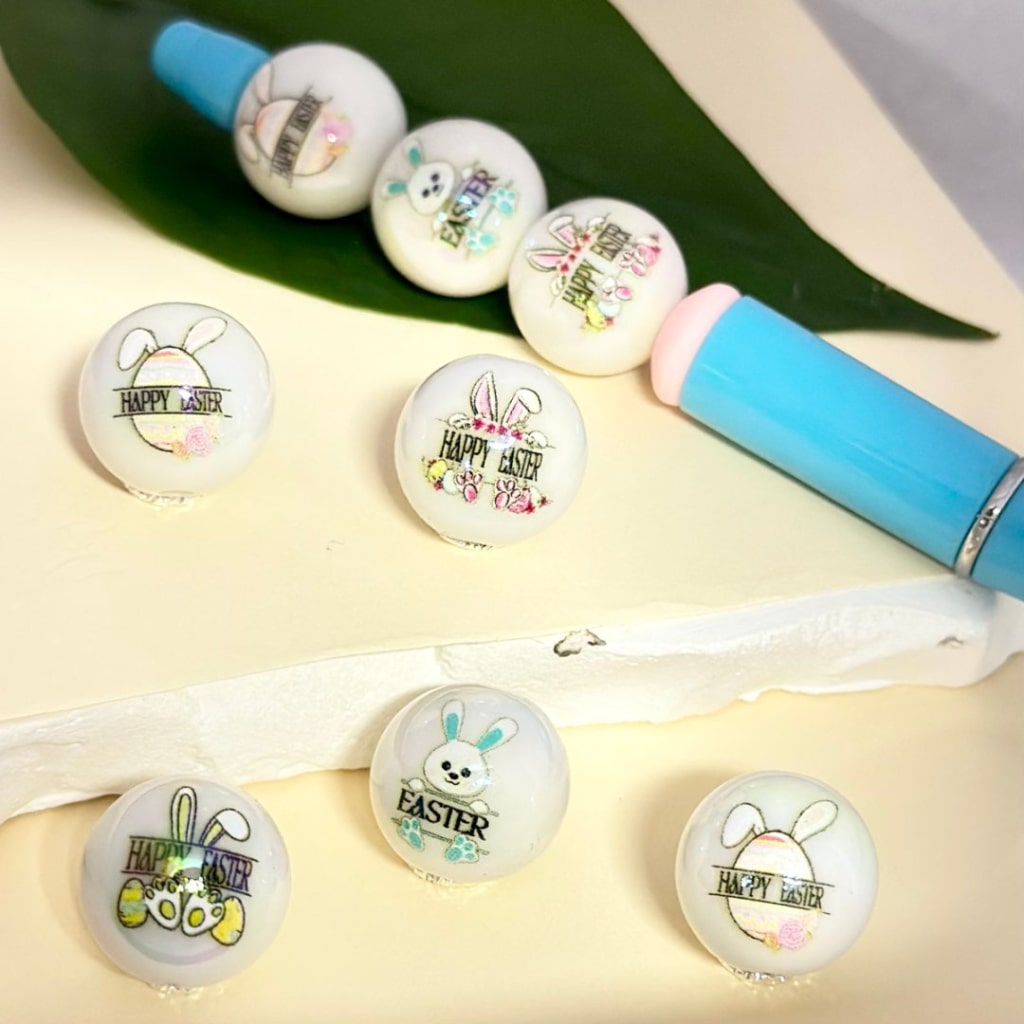 Cute Bunny Rabbit UV Finish Happy Easter White Round Acrylic Beads, 16MM, Random Mix