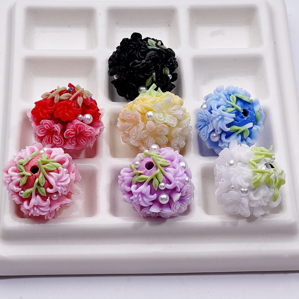 Round Clay Beads Soft Glitter Flower & White Pearl Designs, Approx. 20MM, Random Mix