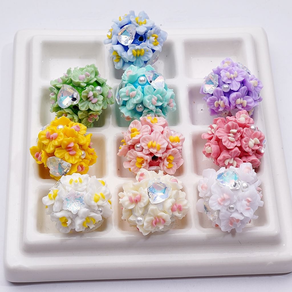 Round Clay Beads Cute Flower, Snowflake, Heart & White Pearl Designs with Rhinestones, Approx. 22MM, Random Mix