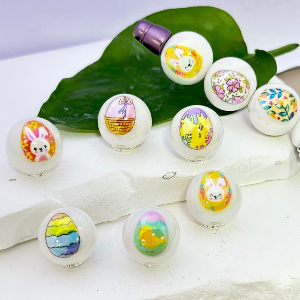 Colorful Eggs Bunny Rabbit Easter UV Finish White Round Acrylic Beads, 16MM