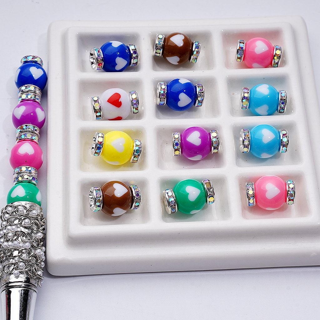 Colorful Heart-Pattern Acrylic Beads Round Style with Silver Alloy Mini Spacers, Mixed Set, 12MM