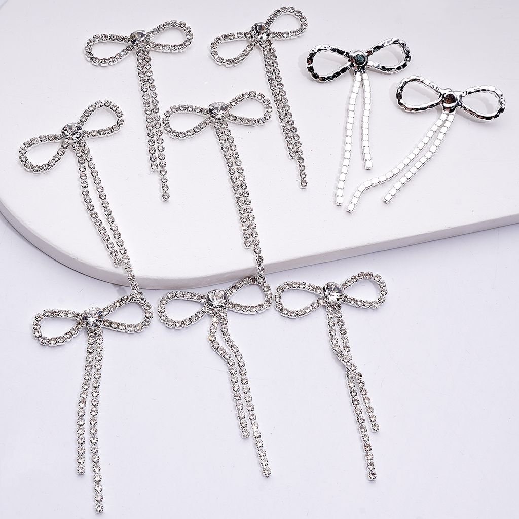 Silver Alloy Bowknot Jewelry Accessories with Clear Rhinestones and Chains, Around 33*11MM