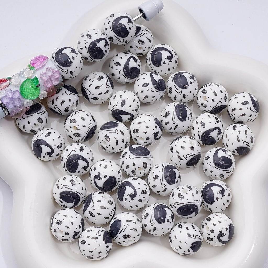Black Swan Printed Silicone Beads with a Cute Look, Number Z-00241, 15MM