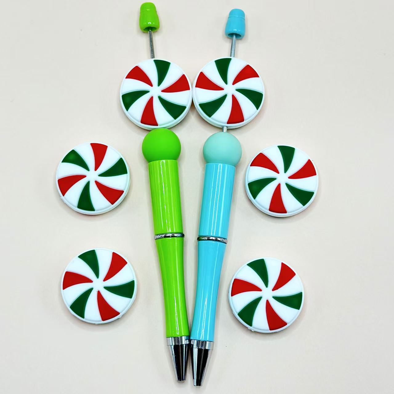 White Peppermint Candy and Red Christmas Round Silicone Focal Beads