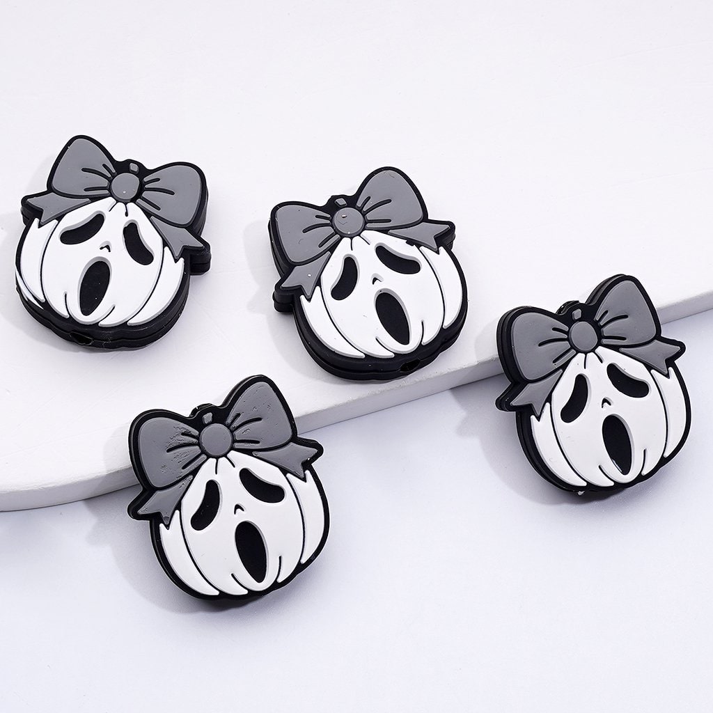Halloween Silicone Focal Beads – White Pumpkin with Spooky Ghost Face and Gray Bowknot