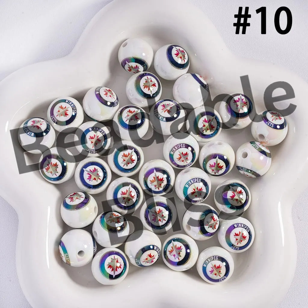 Acrylic Beads for Bracelets | Round with UV Coating Ice Hockey Team Pattern, 16MM