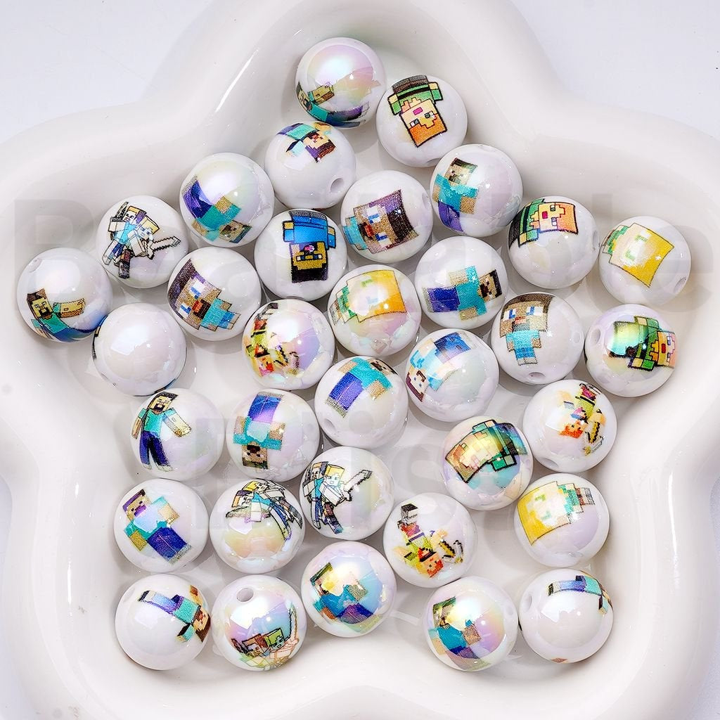 UV Coating White Acrylic Beads Sandbox Game Character Series, Round Shape, Mixed Set, 16MM