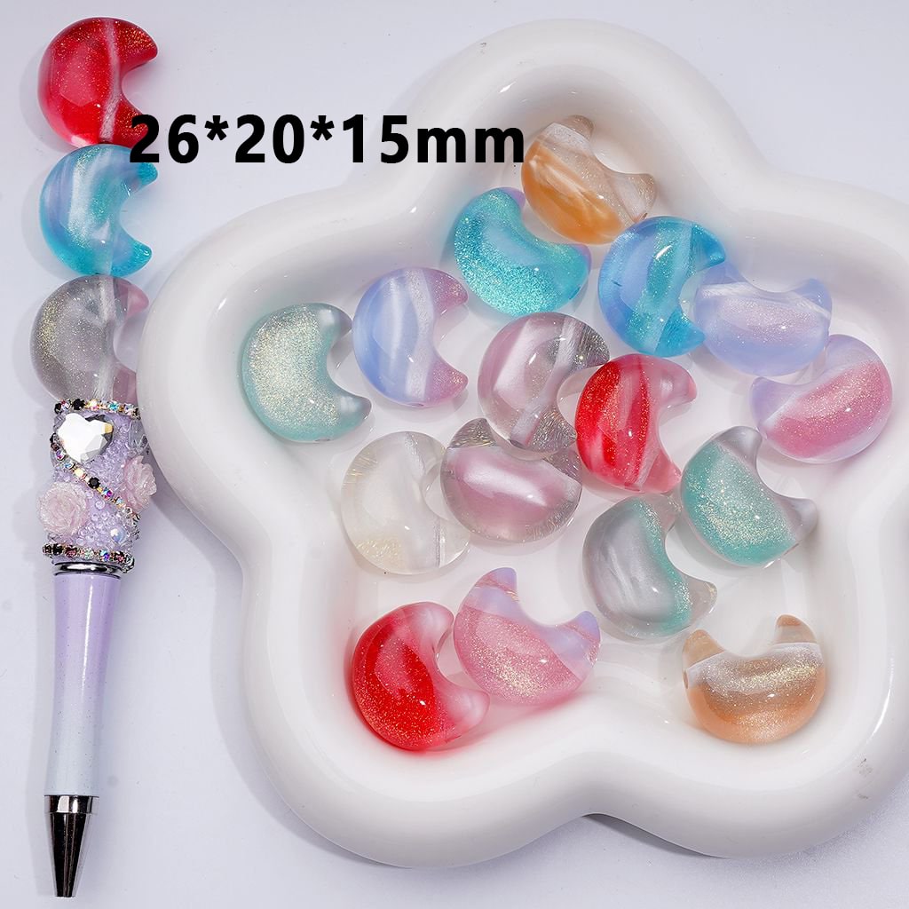 Crescent Moon Acrylic Beads – 26x20x15MM Translucent Glitter Cat Eye Style, Cute Random Mix