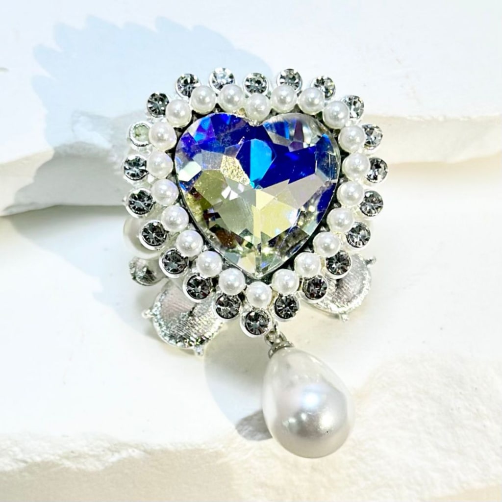 Silver Alloy Heart Butterfly with Bling Bling Clear Rhinestones, White Pearls, Large Heart Diamond, and Clay Beads 29*29MM