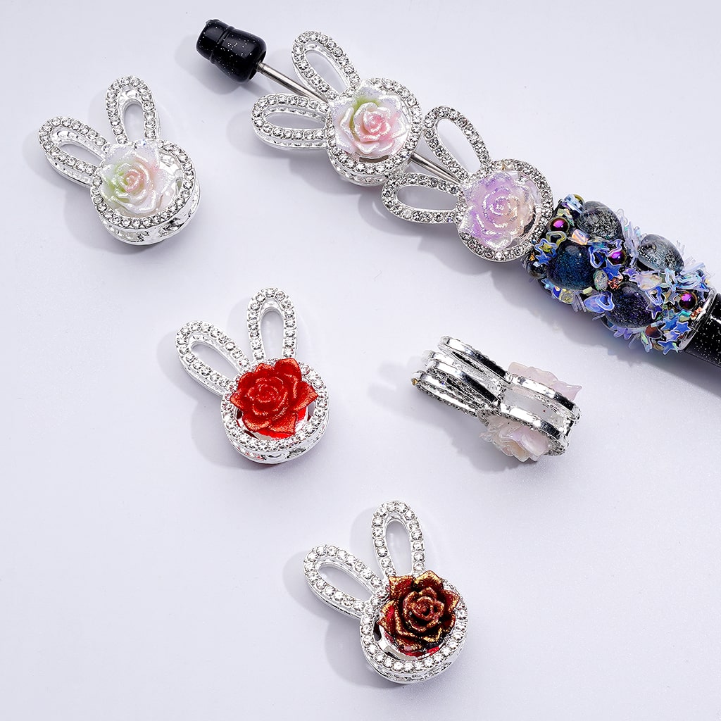 Delicate Fancy Cute Silver Alloy Bunny Rabbit Head Beads with Mini Clear Rhinestones Shiny Glitter Flowers, Around 27*20MM, Random Mix