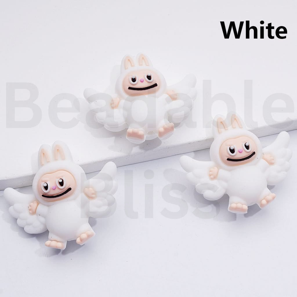 3D Pink White Cute Labub with Wings Silicone Focal Beads