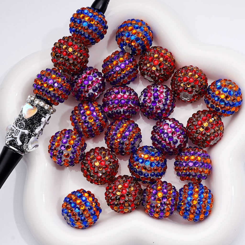 Double Color Striped Round Acrylic Beads with Shiny Rhinestones, 20MM
