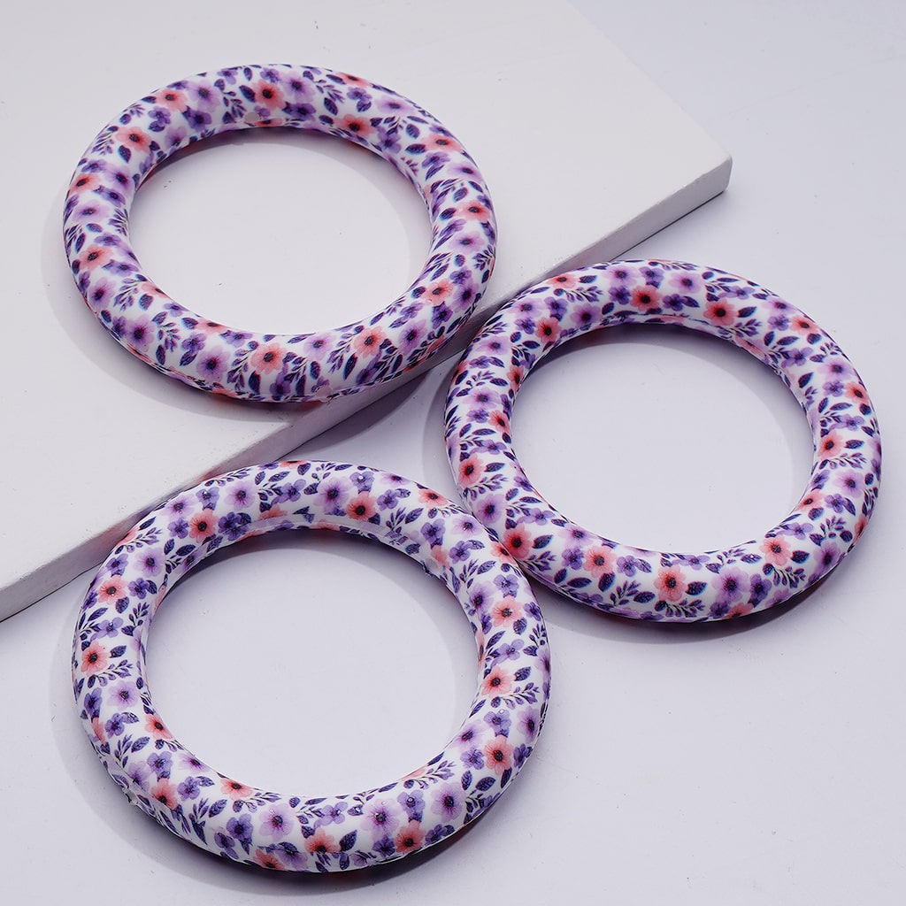 Cute Ring Frame Pink Purple Flowers Prints Soft Car Hanger Charm Circle Round Silicone Bead 65MM