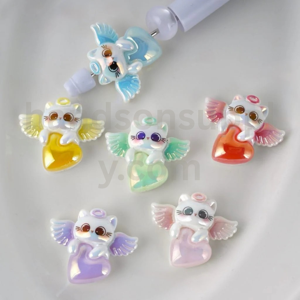 Shiny Angel Cat Kitten UV Coated Acrylic Beads Around 31x27MM Random Mix