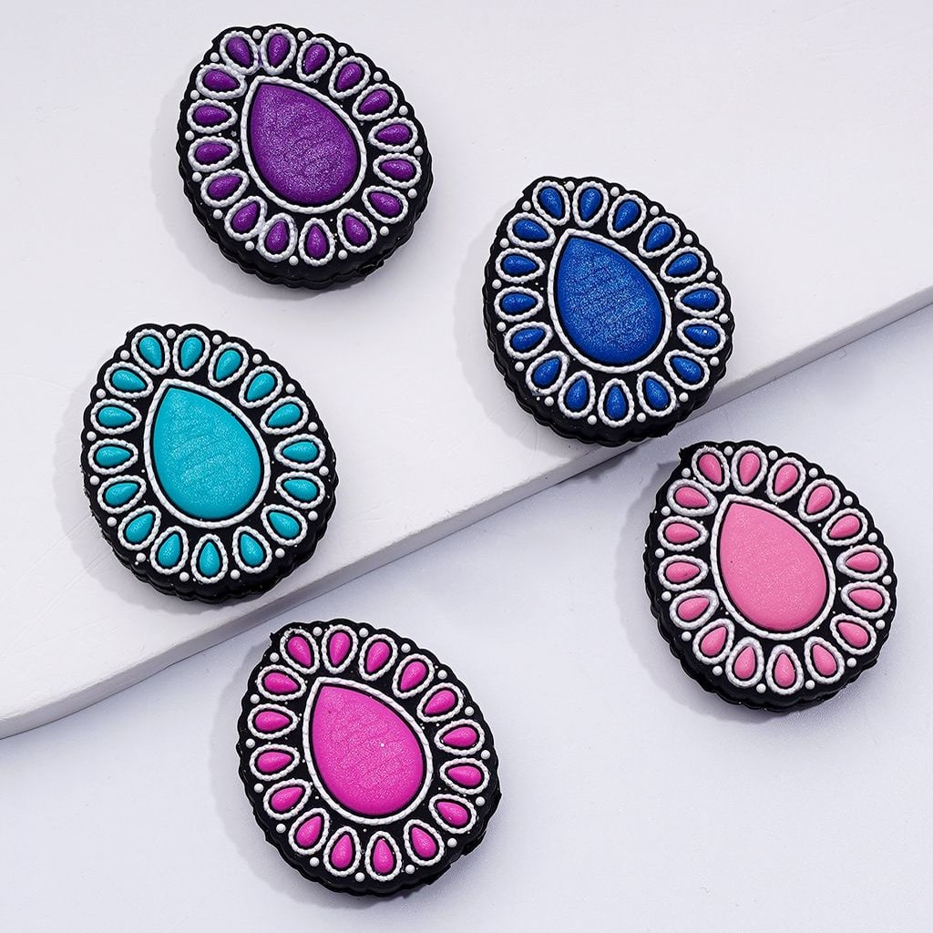 Multi-Colored Water Drop Shape Silicone Focal Beads with Western Gemstone Design, Assorted Mix