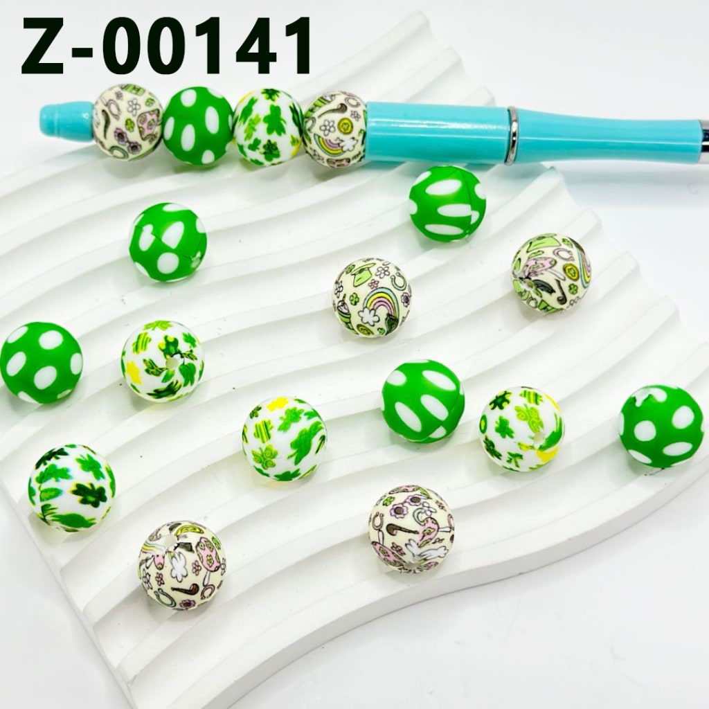 Round Printed Silicone Beads, 15mm, with Green Leaf Clover, Rainbow Cloud, Hat Drink Flower, Number Z-00141