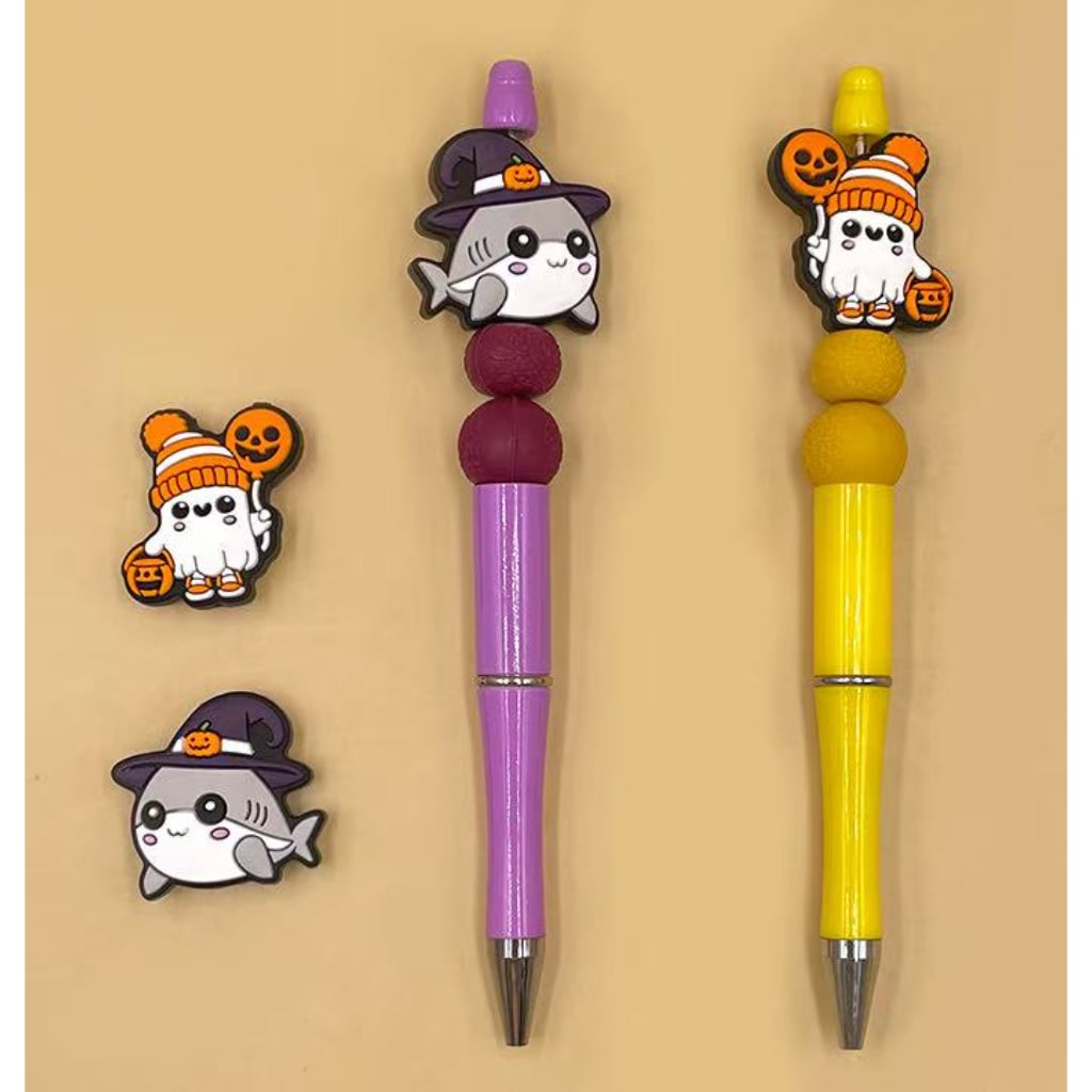 Cute Shark with Wizard Hat Mini Ghost Face Pumpkin Little White Ghost Holds Orange Ghost Face Balloon Basket Hat Halloween Series Silicone Focal Beads