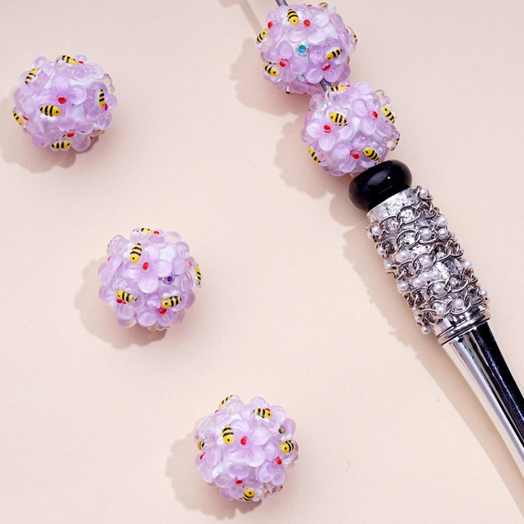 Colorful Flowers Yellow Cute Bees AB Rhinestones White Round Clay Beads, Around 20MM