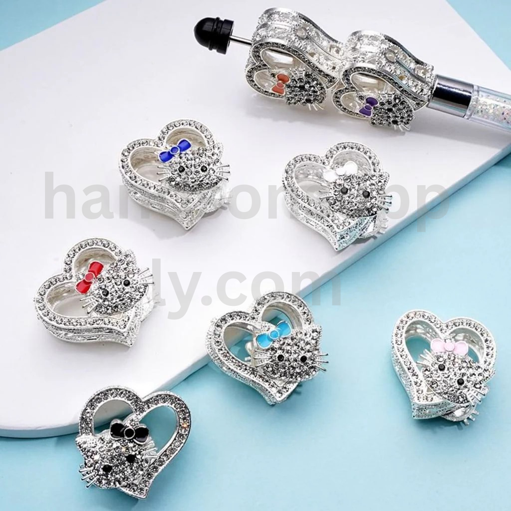 Silver Heart HK Kitten Design with Clear Rhinestones 27×28MM Alloy Beads