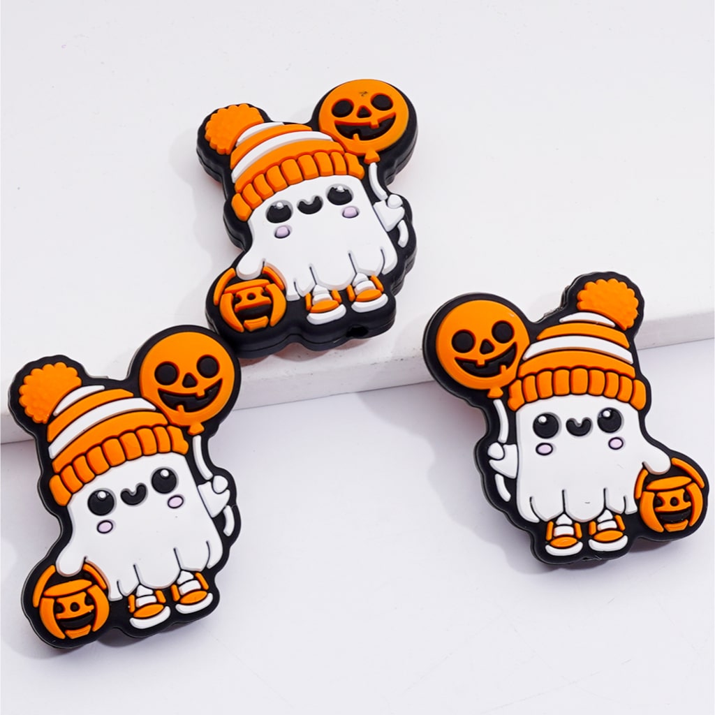 Cute Shark with Wizard Hat Mini Ghost Face Pumpkin Little White Ghost Holds Orange Ghost Face Balloon Basket Hat Halloween Series Silicone Focal Beads