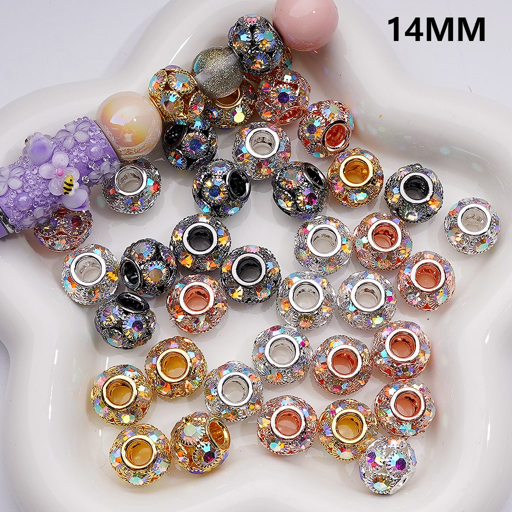 Large Hole Round Spacer Beads with AB Rhinestones, 14MM Fancy Alloy (Single Color is available for 100pcs Whole bag)