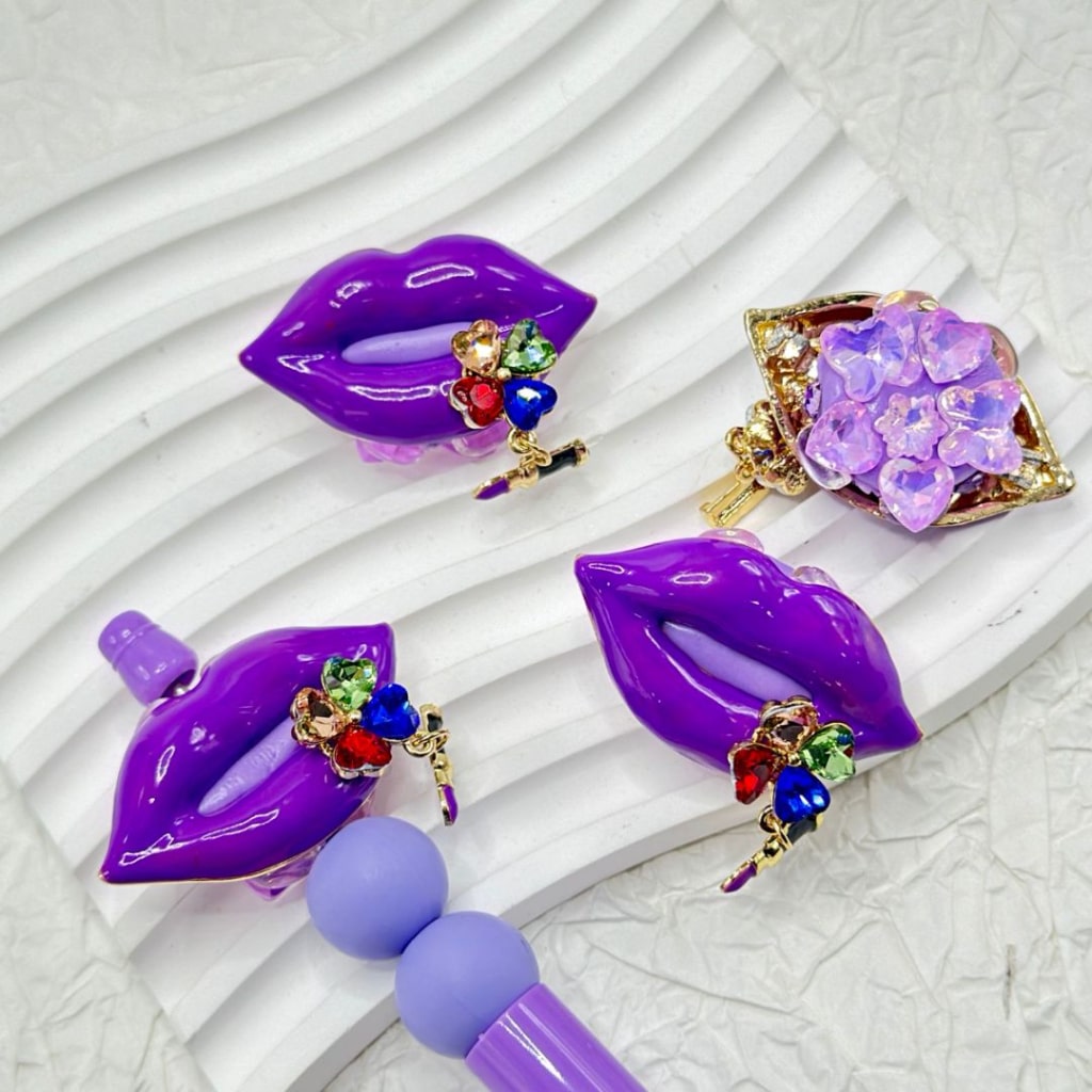 Exquisite Purple Alloy Lipstick with Colorful Heart Rhinestone, Clear Oval Pearls, Butterfly, Star, Heart Diamonds, Four Leaf Clover, Clay Beads, Around 42*24MM