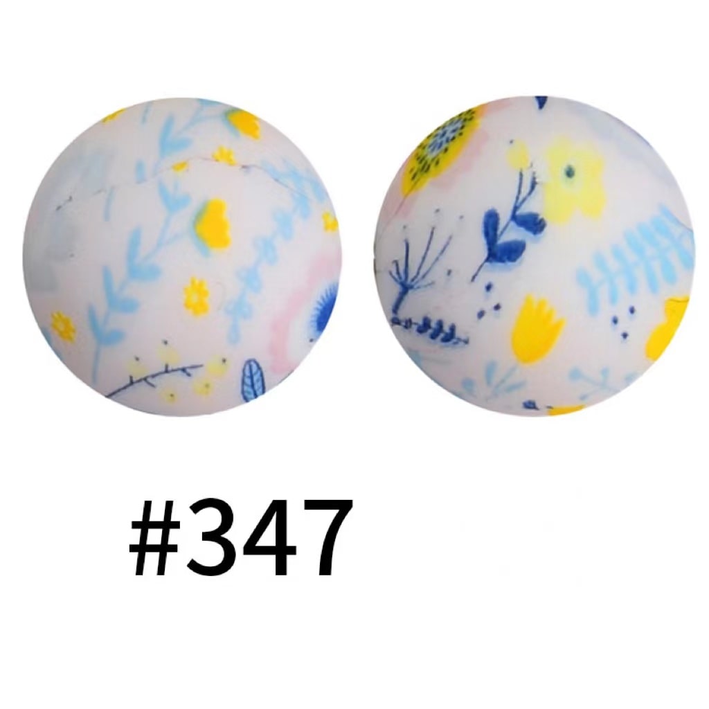 Flowers Blue Yellow Printed Silicone Beads Number 347