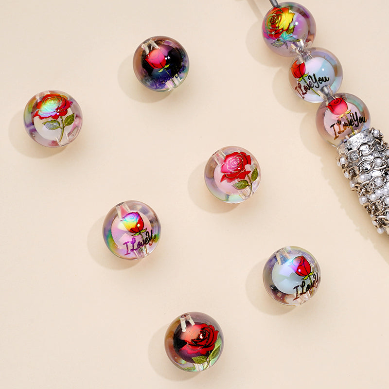Flower Red Rose Clear Round Acrylic Beads Small Beads Inside, 16MM