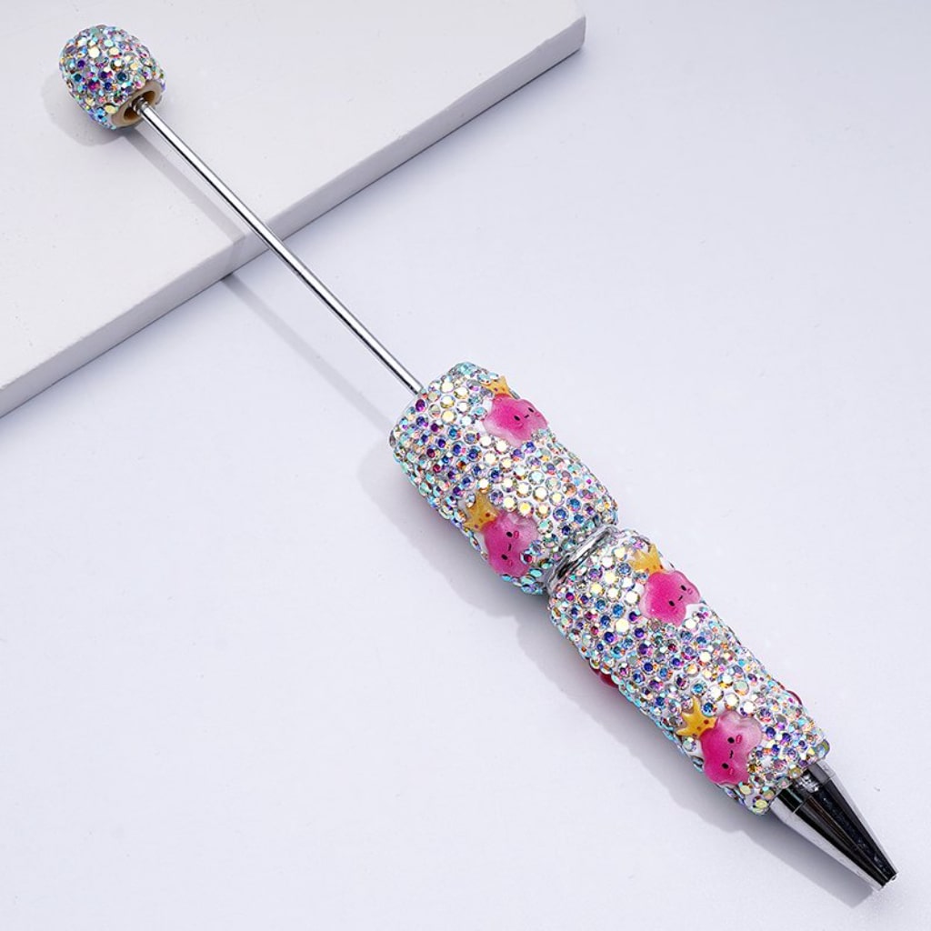 Cute Pink Cloud with Crown Beadable Clay Pens with Mini AB Rhinestones Covered the Entire Pen