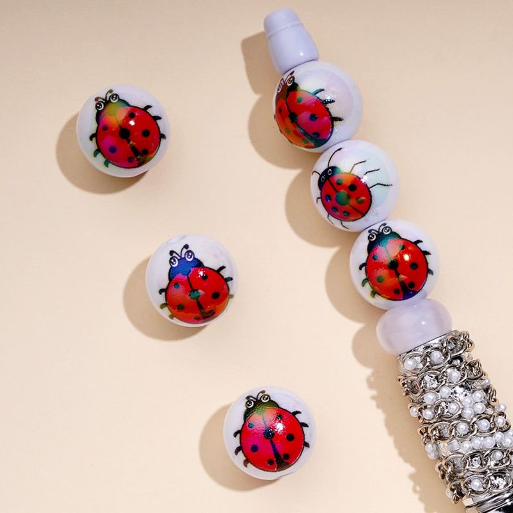 Red Ladybugs White UV Coating Round Acrylic Beads, 16MM