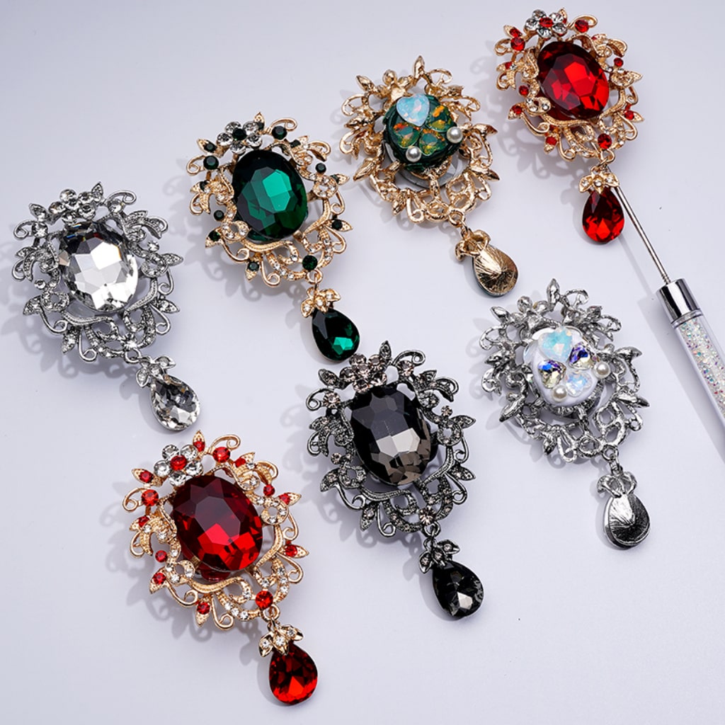 Gold Alloy Delicate Fancy Flower with Shiny Rhinestones Large Red Oval Rhinestone Inside Pendants Shiny Hearts White Pearls Round Clay Beads, Around 50*82MM