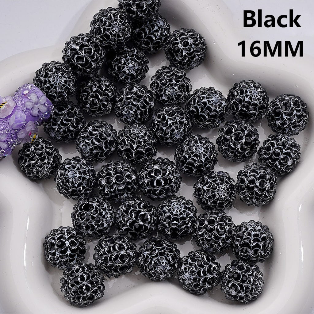 Halloween Beads in Solid Color, Clear Rhinestones Black White Spider Web Stripes Round Acrylic beads 16MM