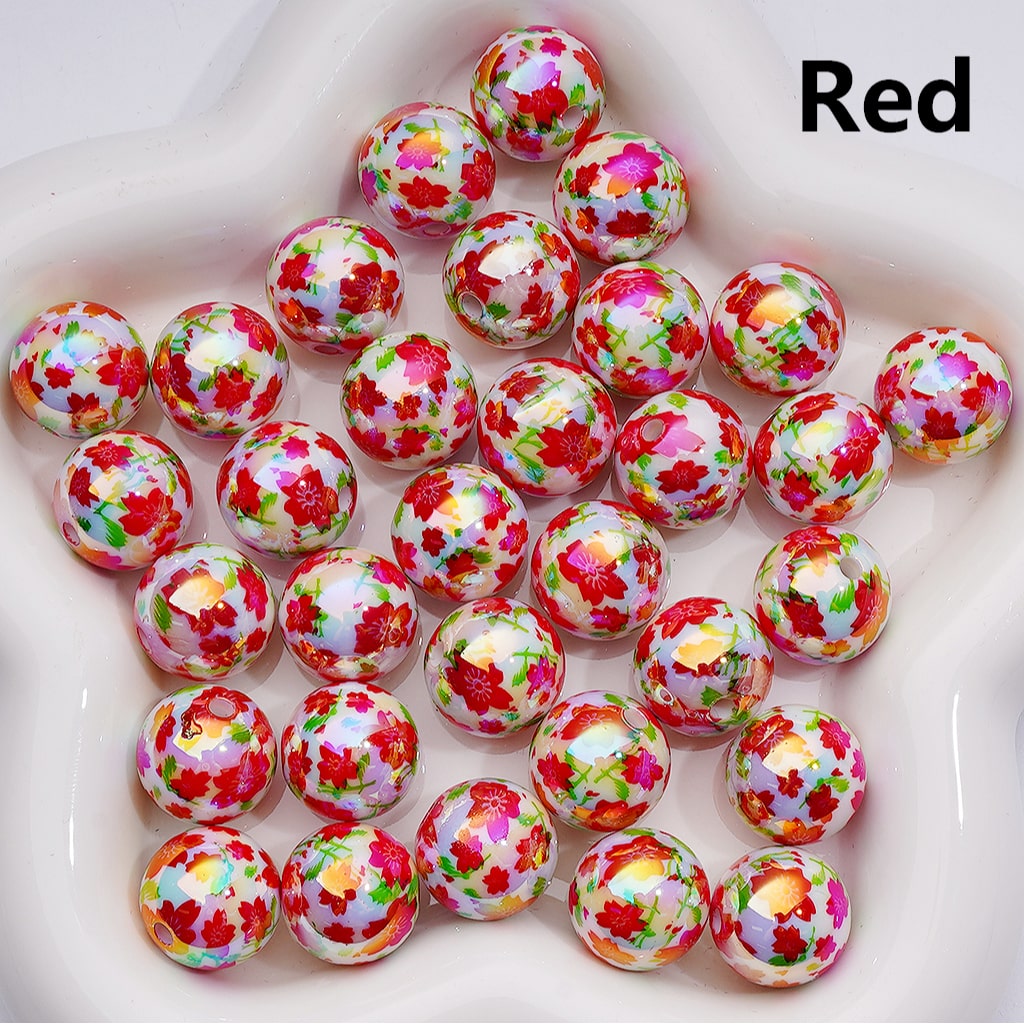UV Coated Plum Blossom Flowers in Red, Pink & Purple White Acrylic Beads 16MM