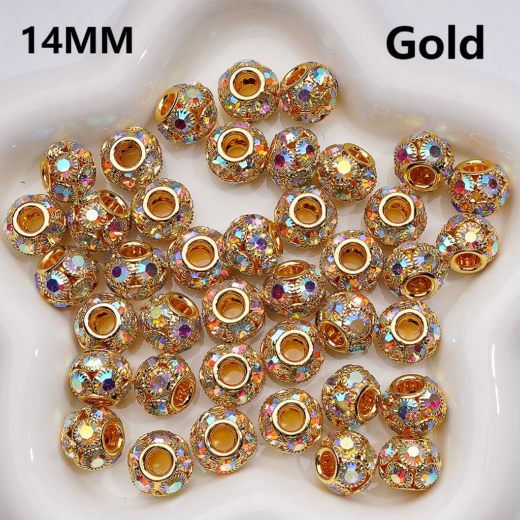 Large Hole Round Spacer Beads with AB Rhinestones, 14MM Fancy Alloy (Single Color is available for 100pcs Whole bag)