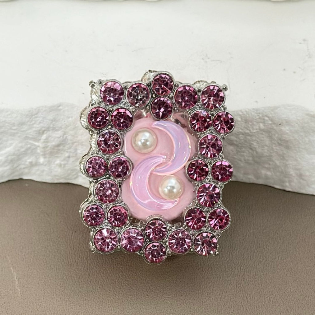 Silver Alloy Fancy Rectangle Frame with Colorful Rhinestones, White Pearls, Clear Crescent Moon, and Clay Beads Around 37*29MM