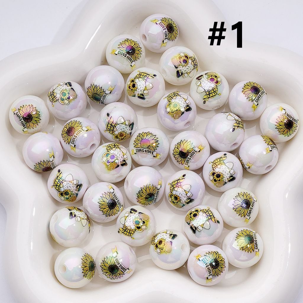 UV Coating Clear White Round Acrylic Beads with Sun Flowers 16MM
