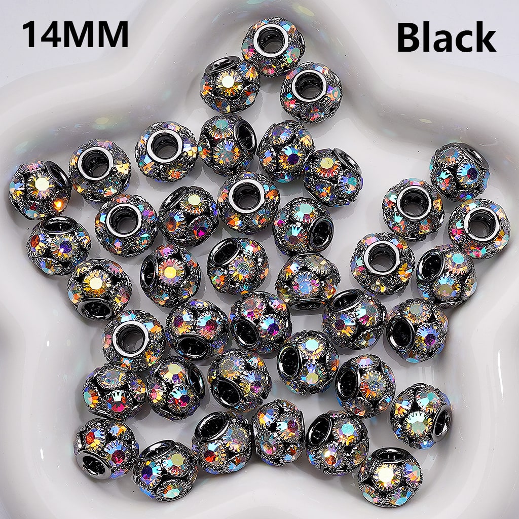 Large Hole Round Spacer Beads with AB Rhinestones, 14MM Fancy Alloy (Single Color is available for 100pcs Whole bag)
