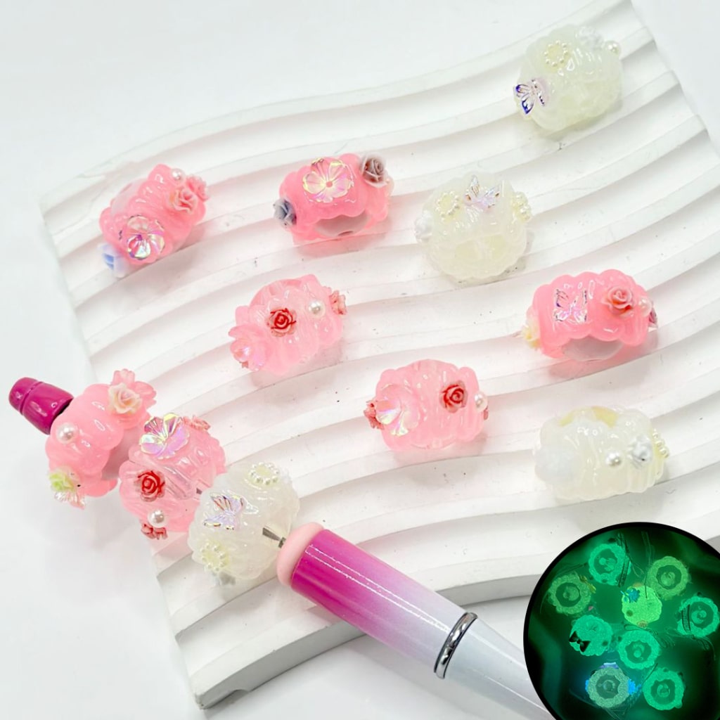 Cute Flowers Shiny Butterflies Colorful Luminous White Pearls Clear Rhinestones Round Acrylic Beads, Around 18MM